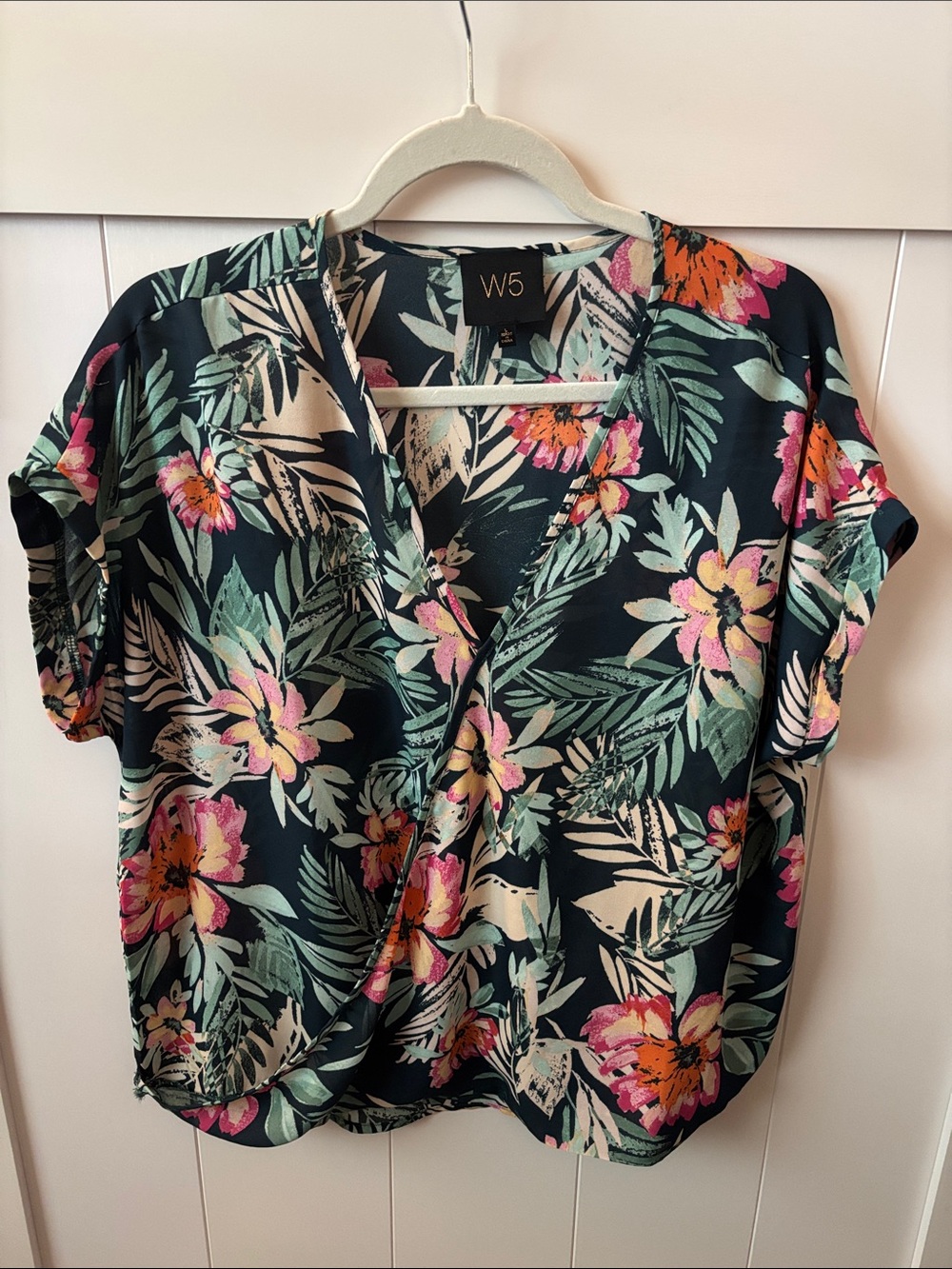 W5 Navy Tropical Floral Surplice Blouse with Pink & Peach Blooms